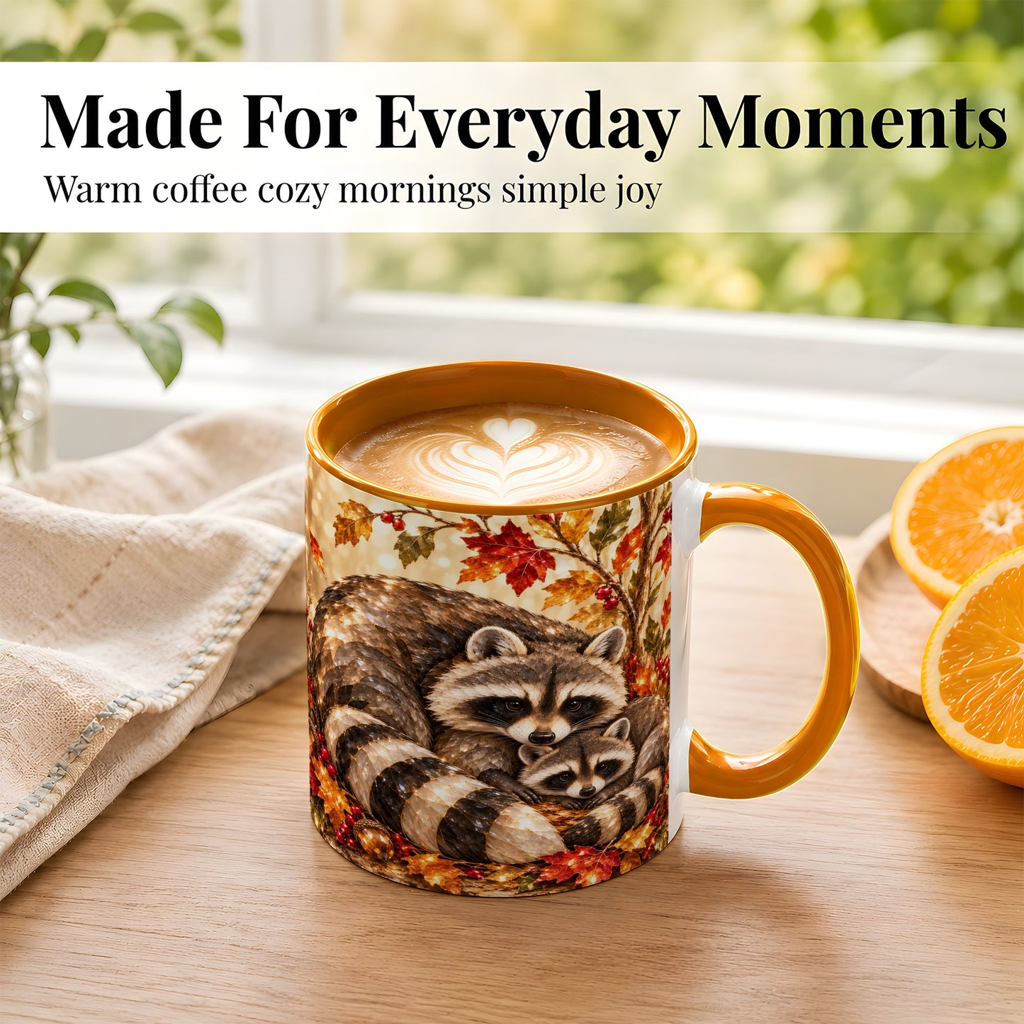 #pl[11oz|Orange] Jeweled Raccoon Family Coffee Mug, Autumn Wildlife Mug, Ceramic Cup