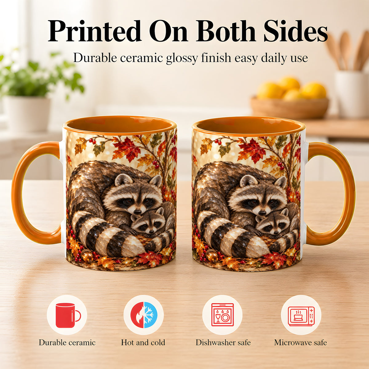#pl[11oz|Orange] Jeweled Raccoon Family Coffee Mug, Autumn Wildlife Mug, Ceramic Cup