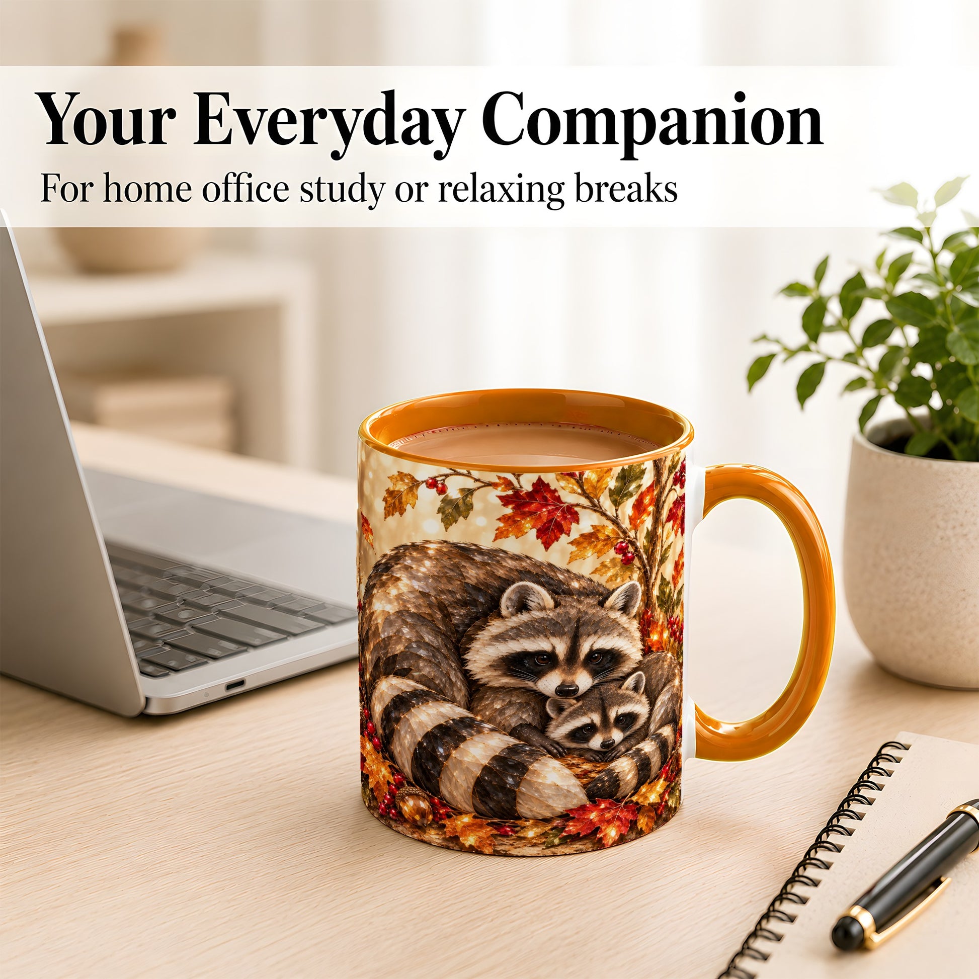 #pl[11oz|Orange] Jeweled Raccoon Family Coffee Mug, Autumn Wildlife Mug, Ceramic Cup
