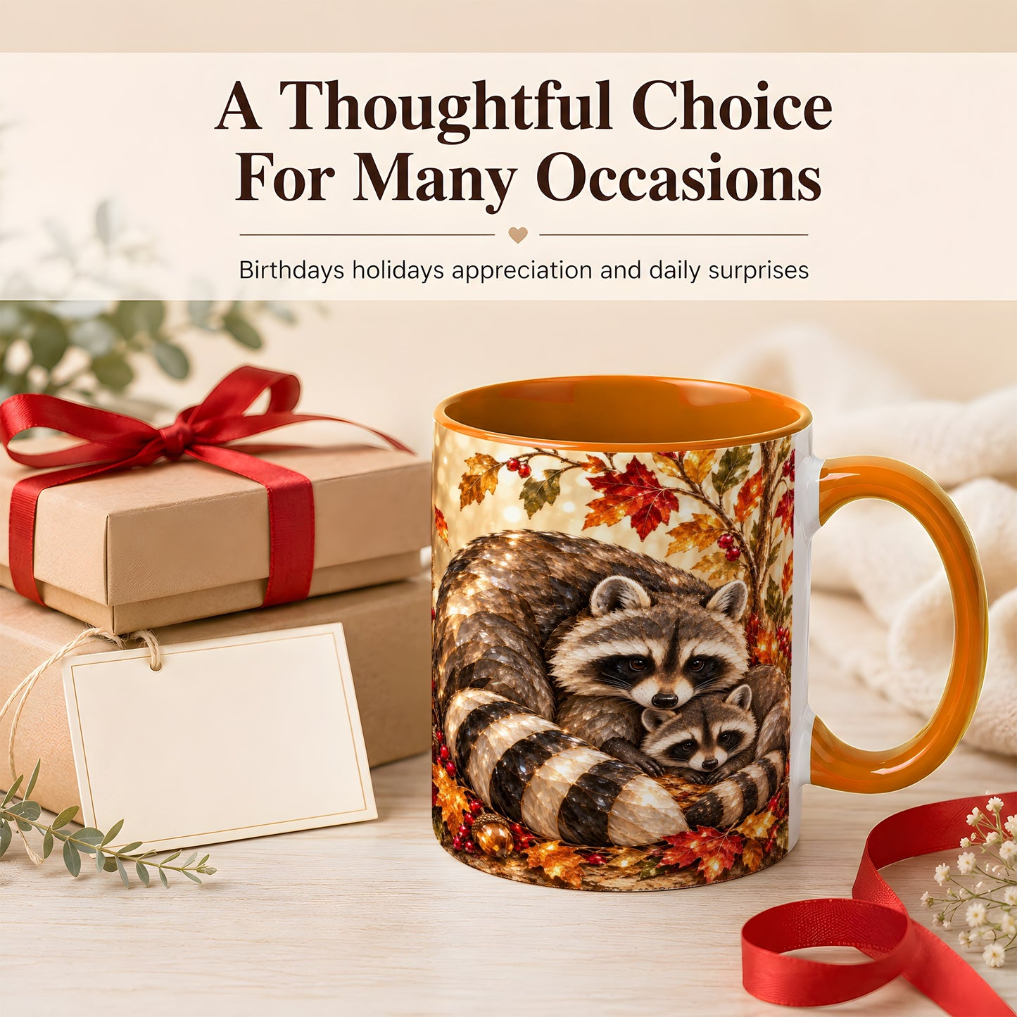 #pl[11oz|Orange] Jeweled Raccoon Family Coffee Mug, Autumn Wildlife Mug, Ceramic Cup