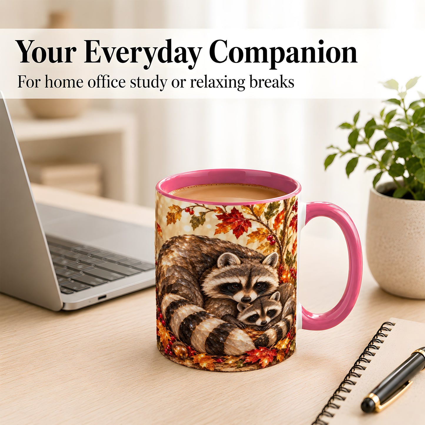 #pl[11oz|Pink] Jeweled Raccoon Family Coffee Mug, Autumn Wildlife Mug, Ceramic Cup