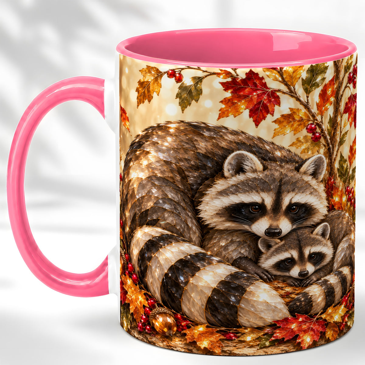 #pl[11oz|Pink] Jeweled Raccoon Family Coffee Mug, Autumn Wildlife Mug, Ceramic Cup