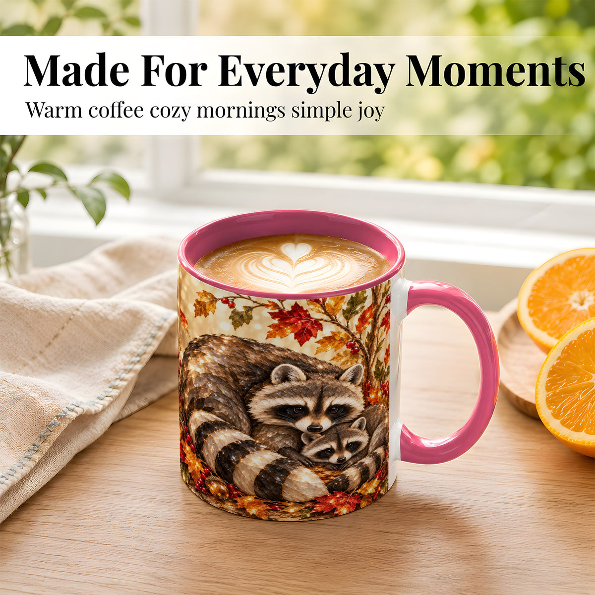 #pl[11oz|Pink] Jeweled Raccoon Family Coffee Mug, Autumn Wildlife Mug, Ceramic Cup