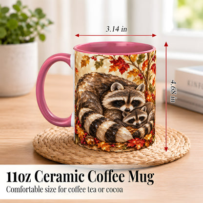 #pl[11oz|Pink] Jeweled Raccoon Family Coffee Mug, Autumn Wildlife Mug, Ceramic Cup