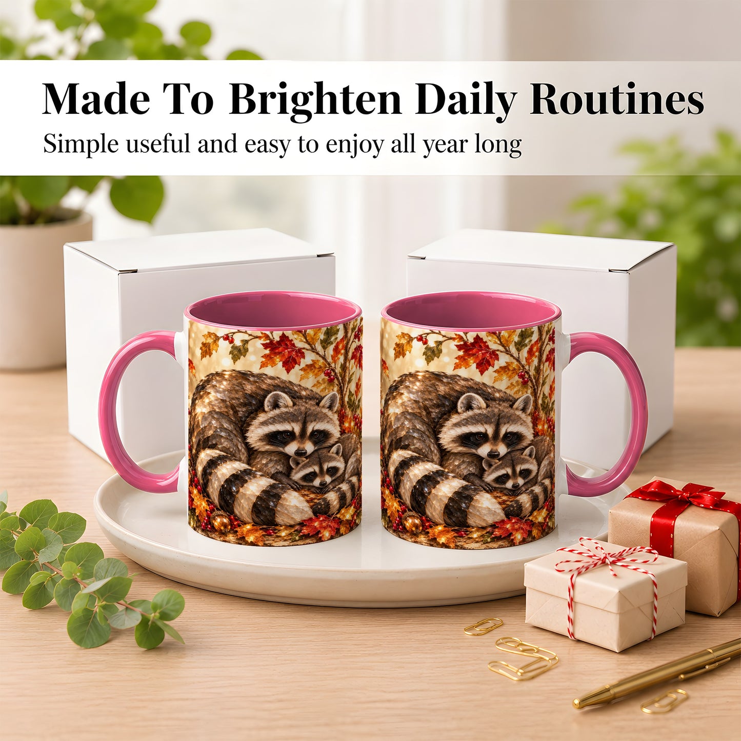 #pl[11oz|Pink] Jeweled Raccoon Family Coffee Mug, Autumn Wildlife Mug, Ceramic Cup