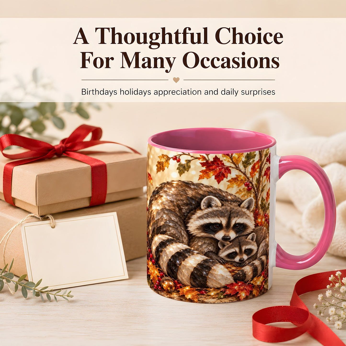 #pl[11oz|Pink] Jeweled Raccoon Family Coffee Mug, Autumn Wildlife Mug, Ceramic Cup