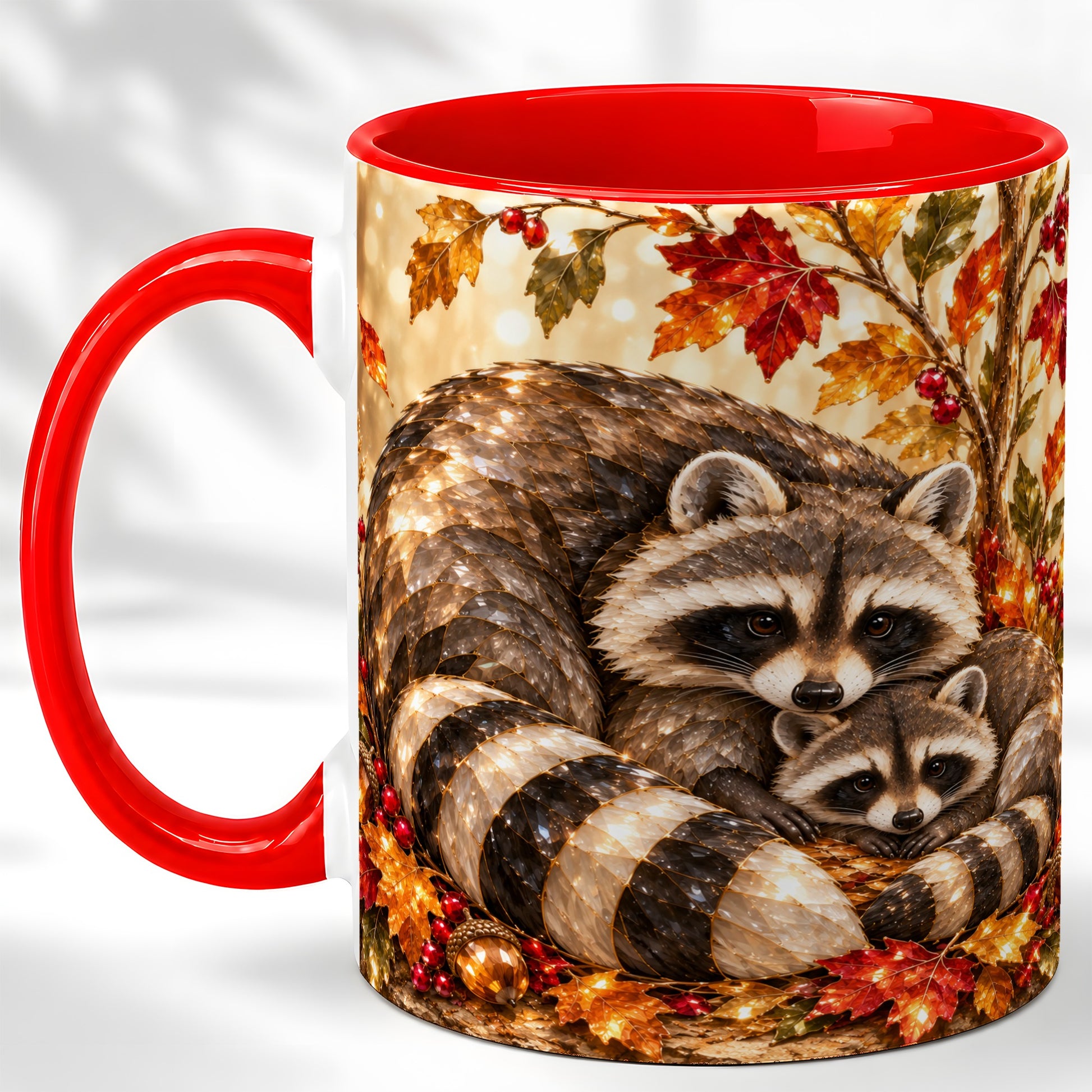 Jeweled Raccoon Family Coffee Mug, Autumn Wildlife Mug, Ceramic Cup