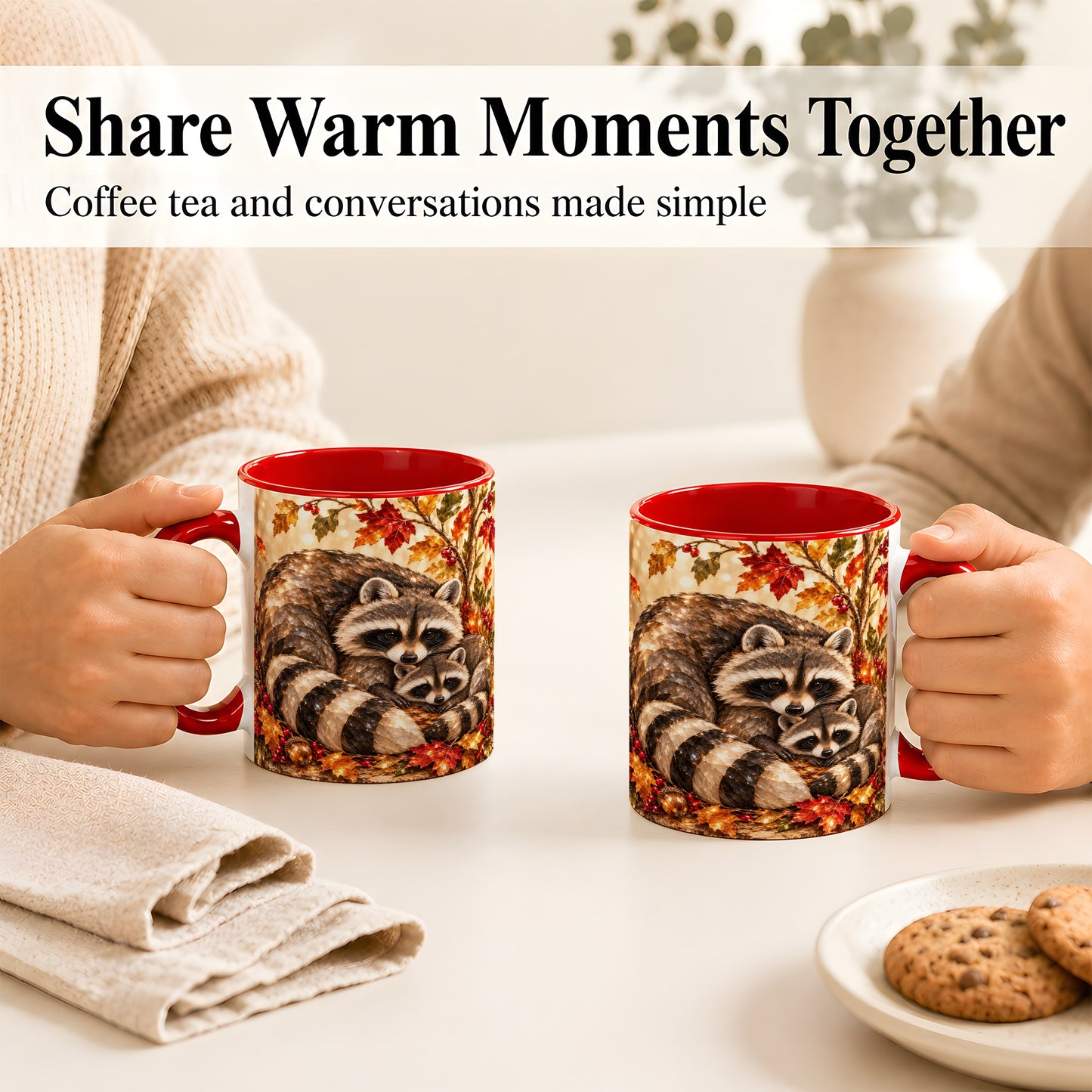#pl[11oz|Red] Jeweled Raccoon Family Coffee Mug, Autumn Wildlife Mug, Ceramic Cup
