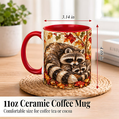 #pl[11oz|Red] Jeweled Raccoon Family Coffee Mug, Autumn Wildlife Mug, Ceramic Cup