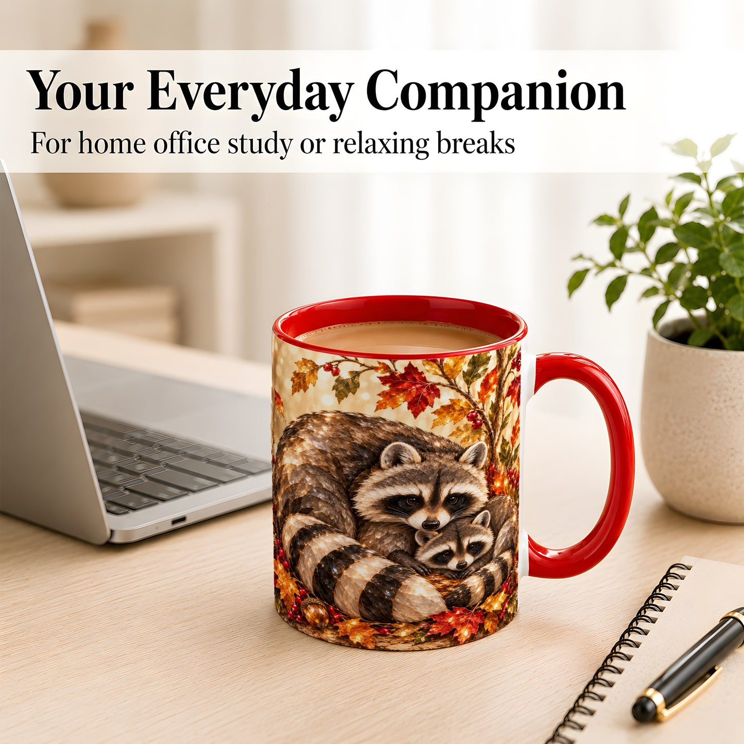#pl[11oz|Red] Jeweled Raccoon Family Coffee Mug, Autumn Wildlife Mug, Ceramic Cup