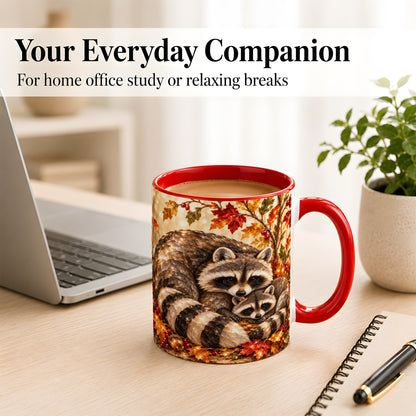 #pl[11oz|Red] Jeweled Raccoon Family Coffee Mug, Autumn Wildlife Mug, Ceramic Cup