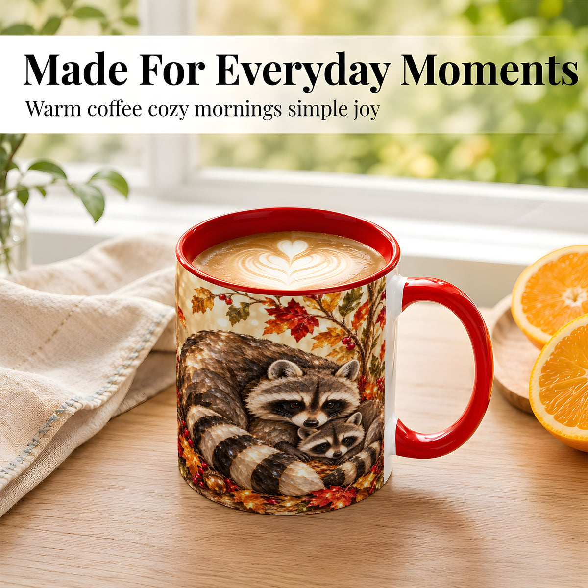 #pl[11oz|Red] Jeweled Raccoon Family Coffee Mug, Autumn Wildlife Mug, Ceramic Cup