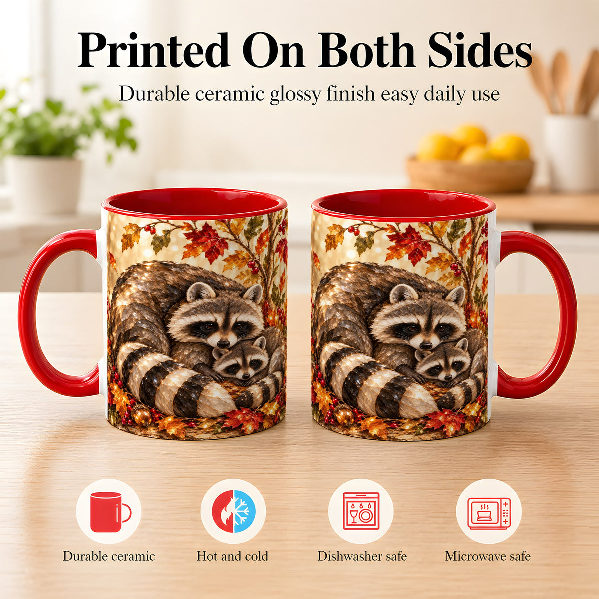 #pl[11oz|Red] Jeweled Raccoon Family Coffee Mug, Autumn Wildlife Mug, Ceramic Cup