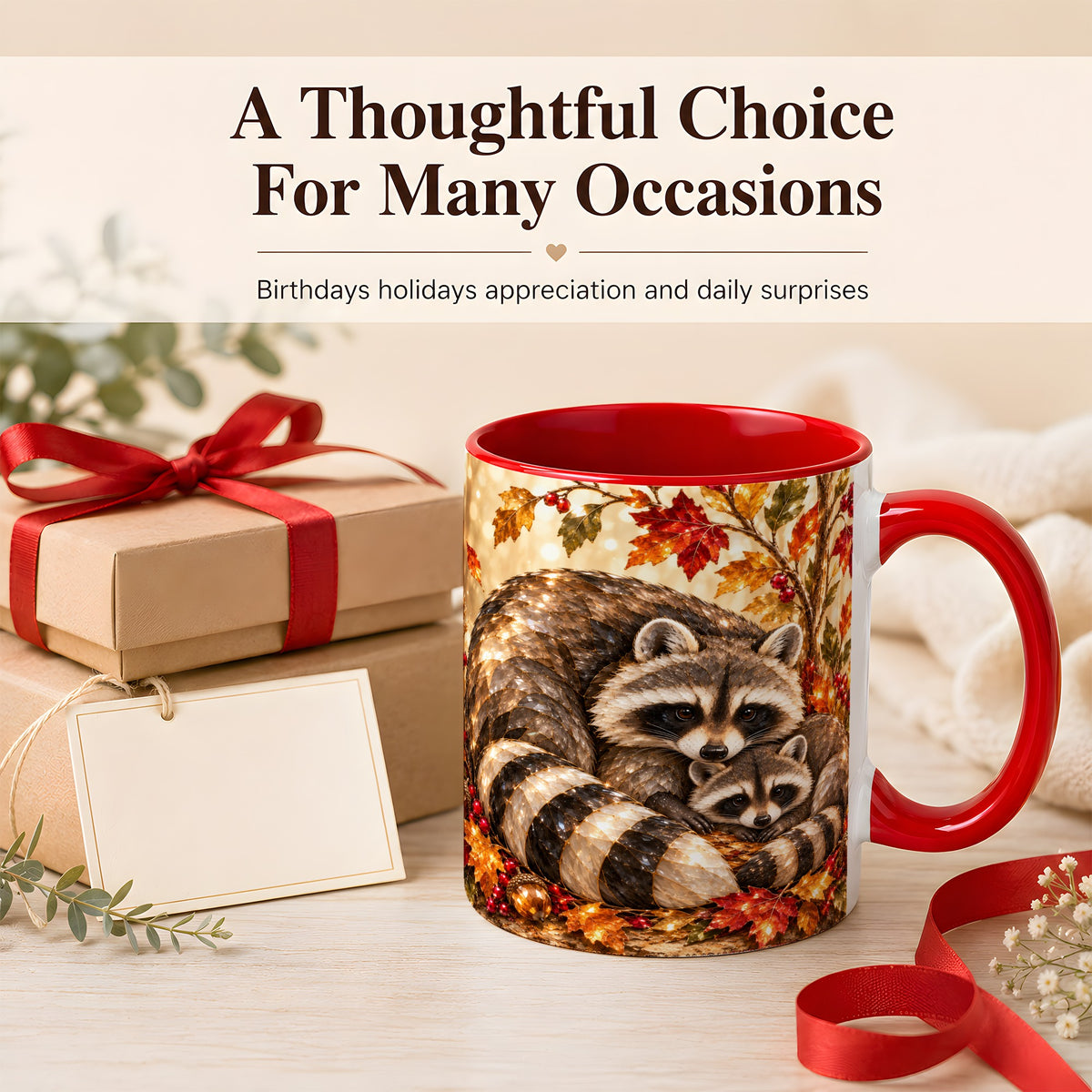#pl[11oz|Red] Jeweled Raccoon Family Coffee Mug, Autumn Wildlife Mug, Ceramic Cup