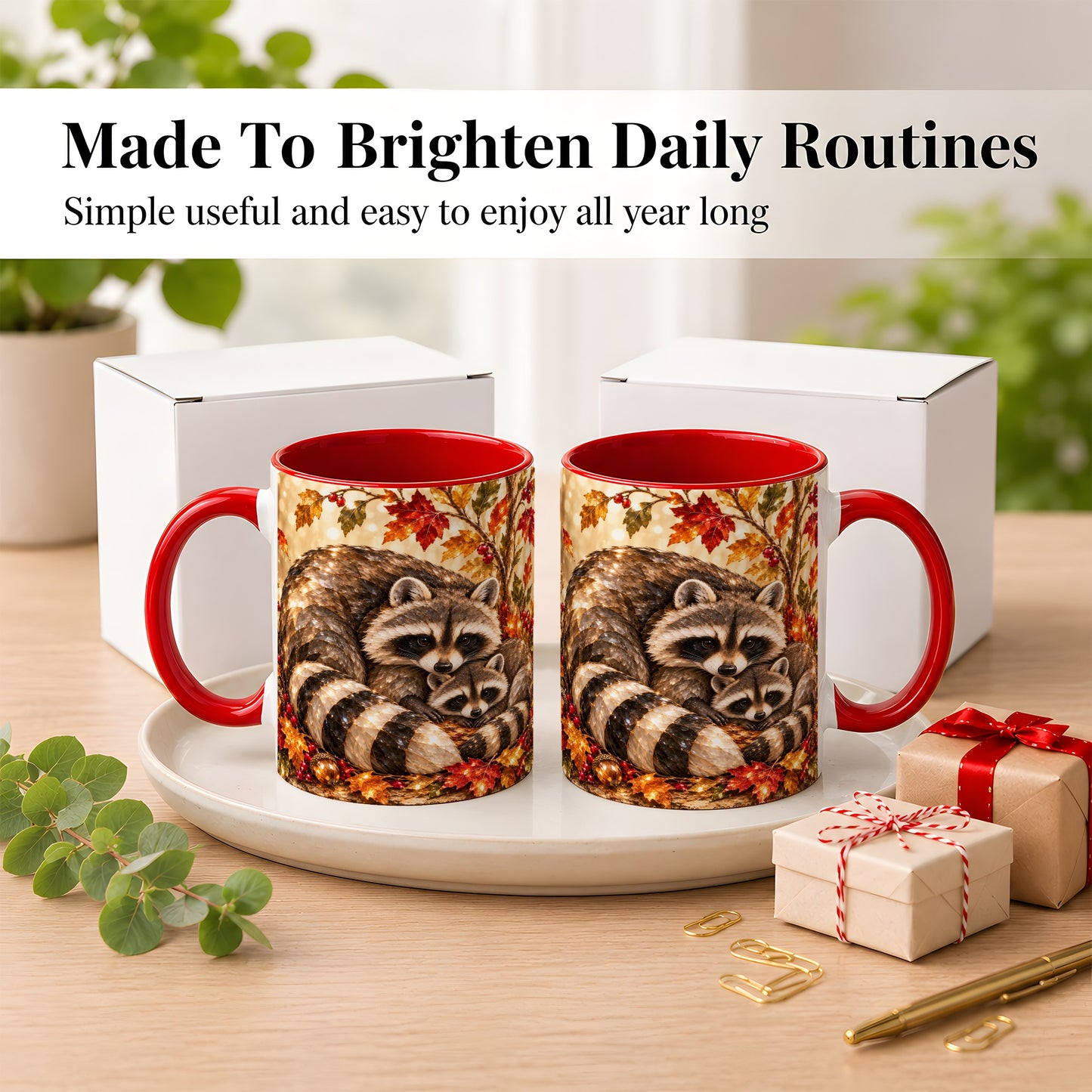 #pl[11oz|Red] Jeweled Raccoon Family Coffee Mug, Autumn Wildlife Mug, Ceramic Cup