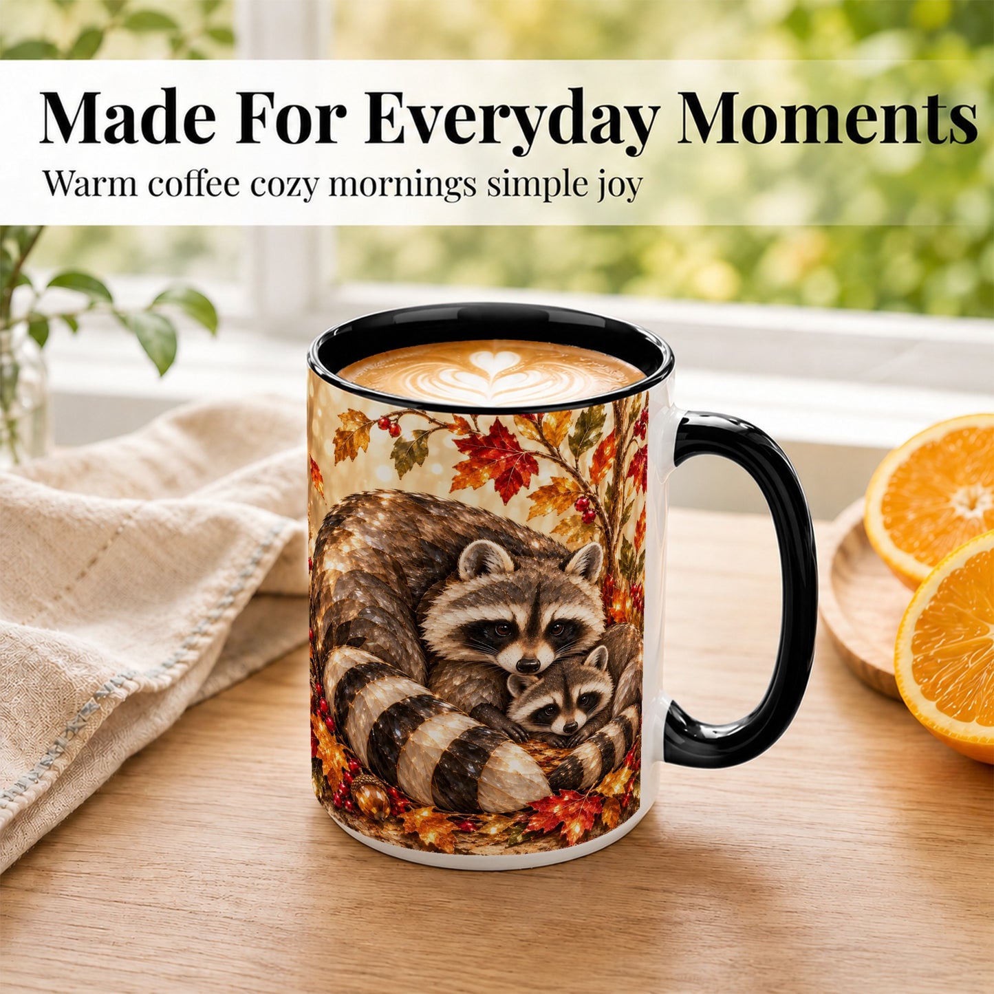 #pl[15oz|Black] Jeweled Raccoon Family Coffee Mug, Autumn Wildlife Mug, Ceramic Cup