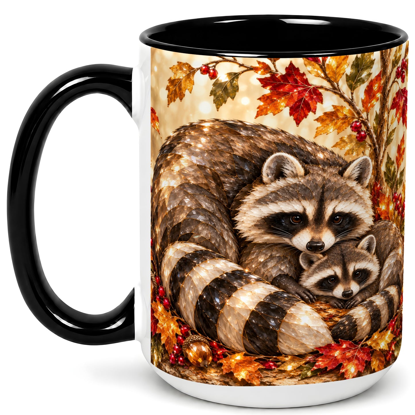 #pl[15oz|Black] Jeweled Raccoon Family Coffee Mug, Autumn Wildlife Mug, Ceramic Cup
