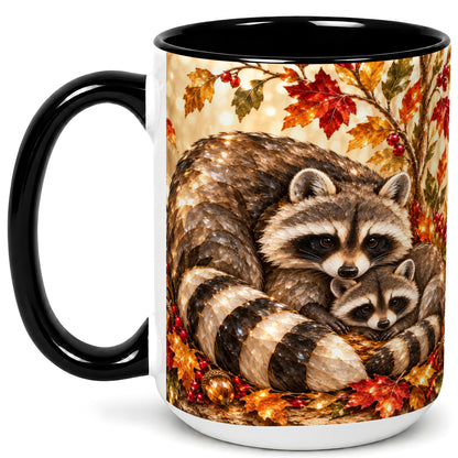 #pl[15oz|Black] Jeweled Raccoon Family Coffee Mug, Autumn Wildlife Mug, Ceramic Cup