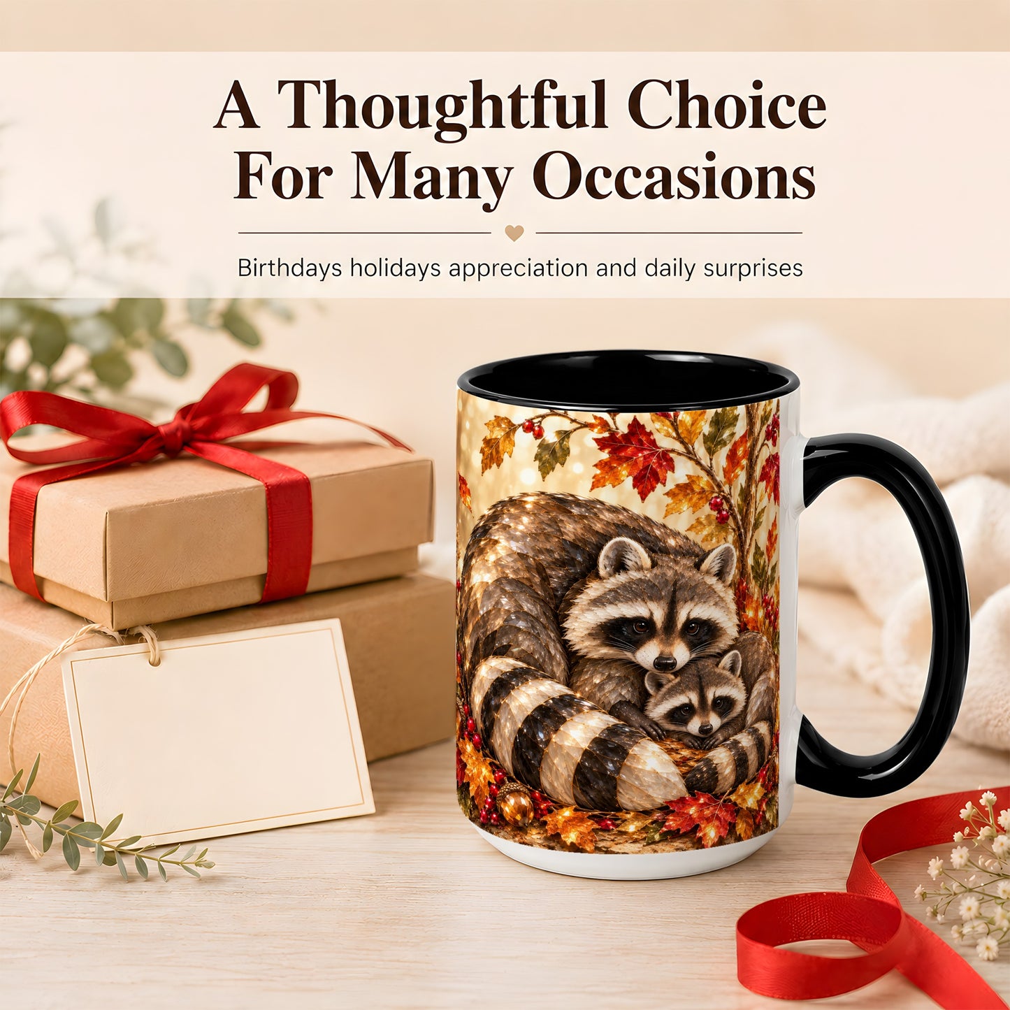 #pl[15oz|Black] Jeweled Raccoon Family Coffee Mug, Autumn Wildlife Mug, Ceramic Cup