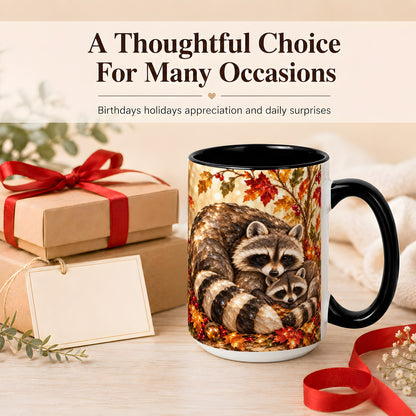 #pl[15oz|Black] Jeweled Raccoon Family Coffee Mug, Autumn Wildlife Mug, Ceramic Cup
