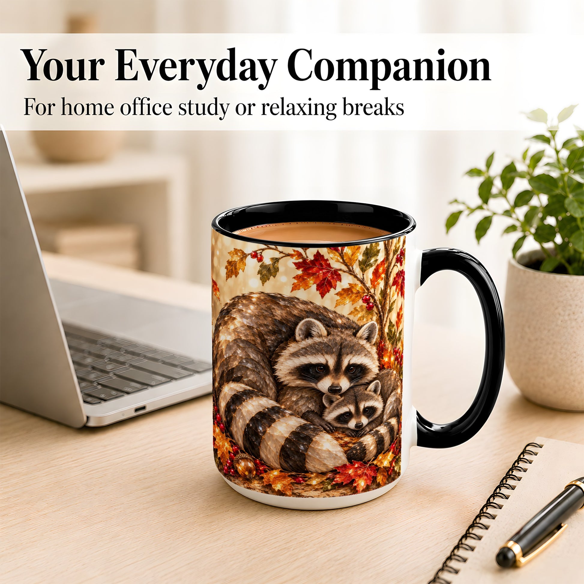 #pl[15oz|Black] Jeweled Raccoon Family Coffee Mug, Autumn Wildlife Mug, Ceramic Cup