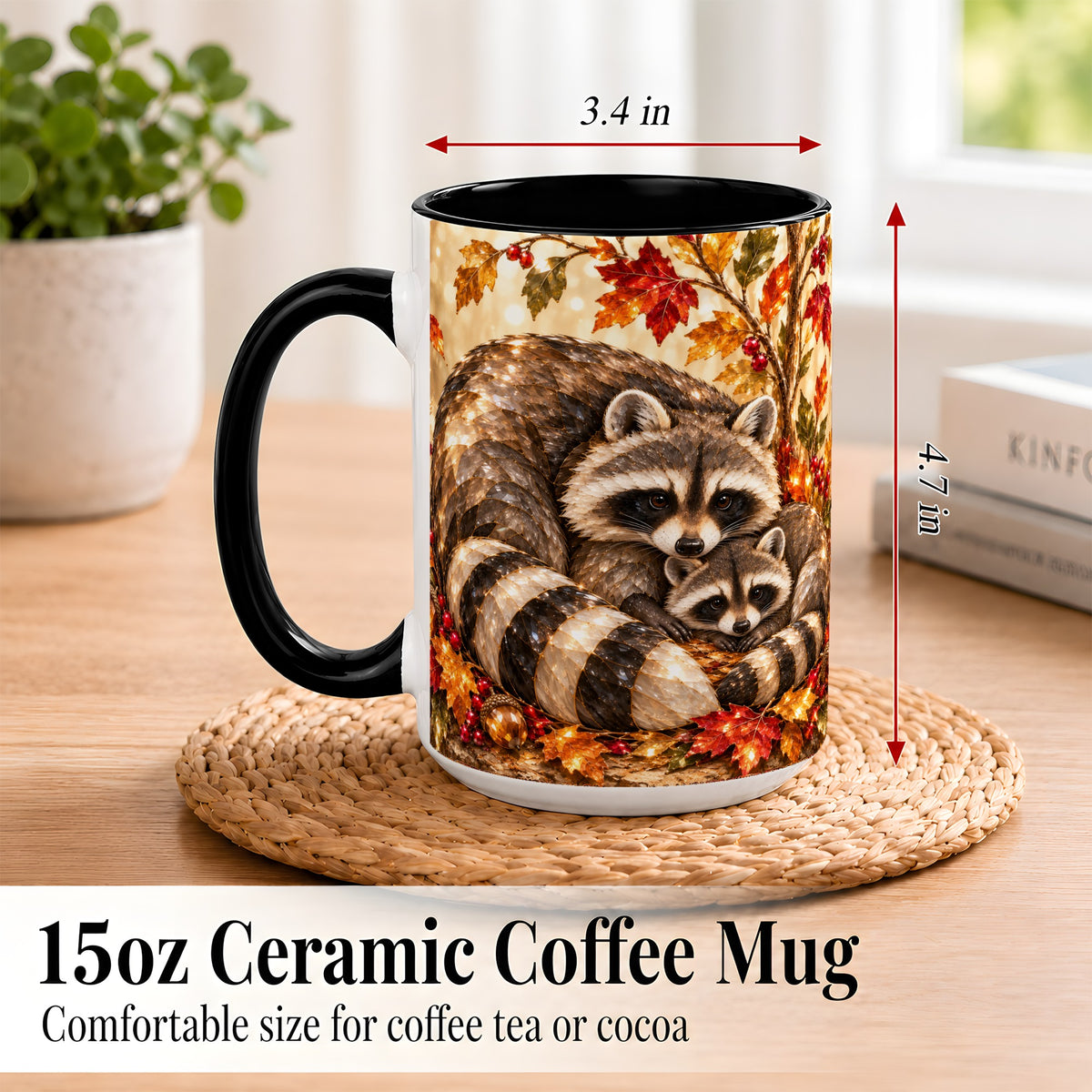 #pl[15oz|Black] Jeweled Raccoon Family Coffee Mug, Autumn Wildlife Mug, Ceramic Cup