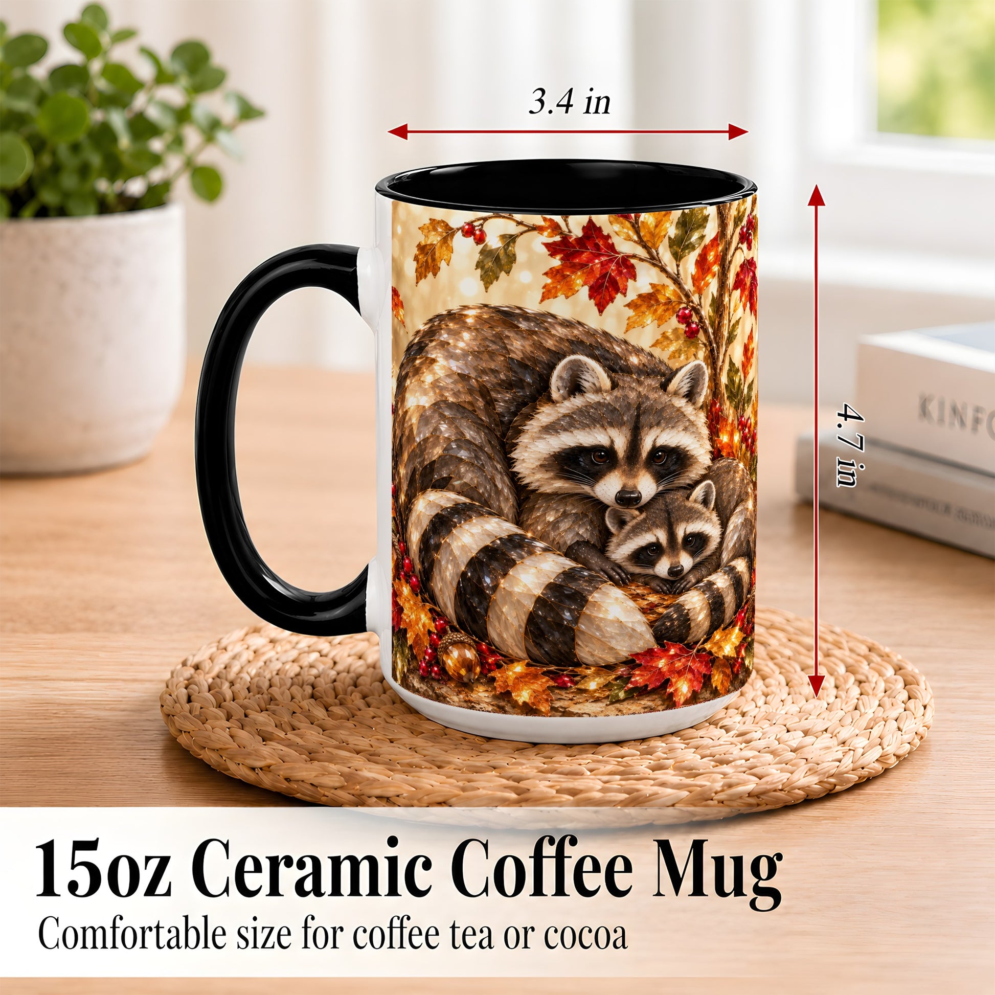 #pl[15oz|Black] Jeweled Raccoon Family Coffee Mug, Autumn Wildlife Mug, Ceramic Cup