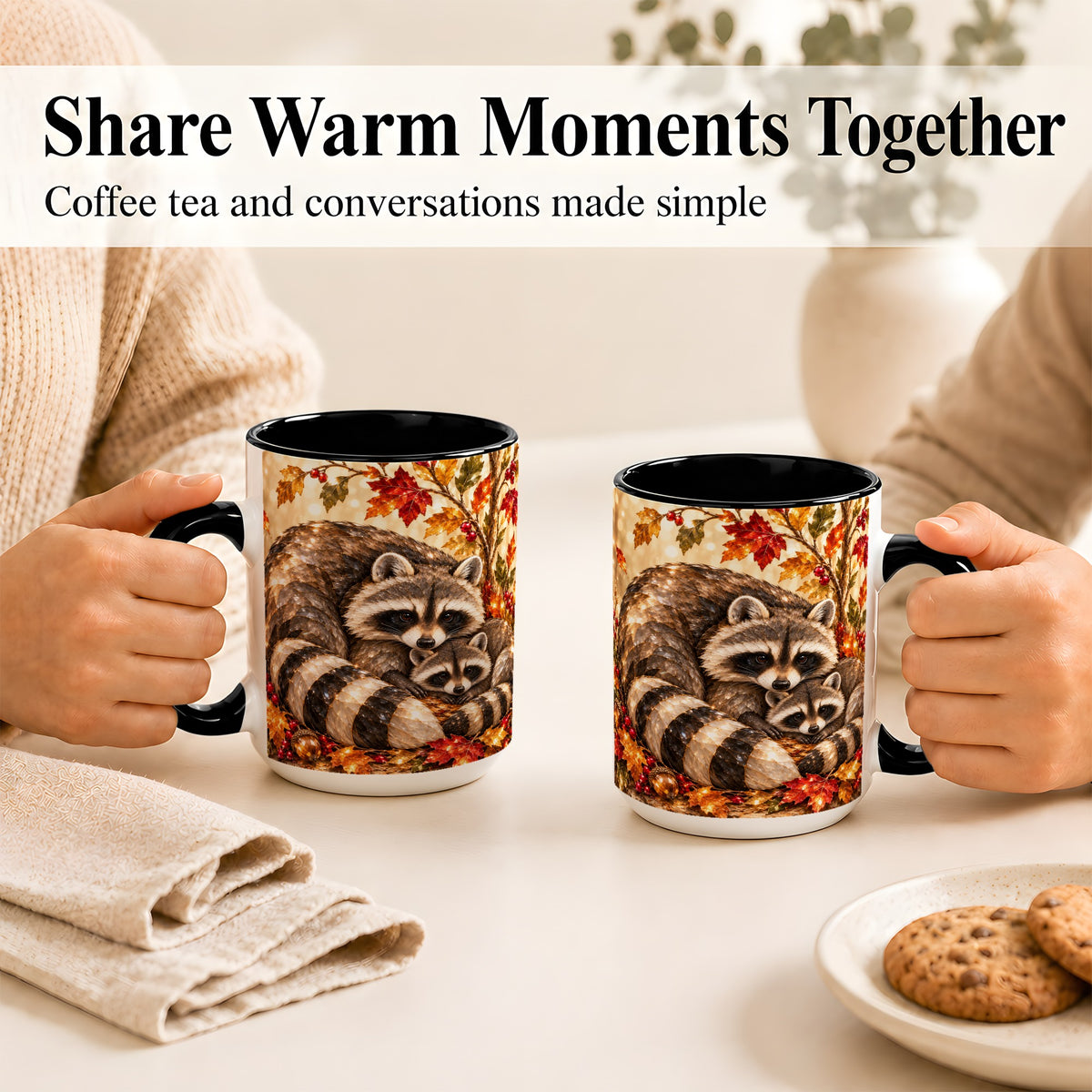 #pl[15oz|Black] Jeweled Raccoon Family Coffee Mug, Autumn Wildlife Mug, Ceramic Cup