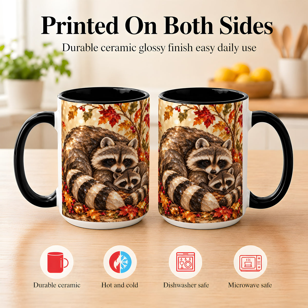 #pl[15oz|Black] Jeweled Raccoon Family Coffee Mug, Autumn Wildlife Mug, Ceramic Cup