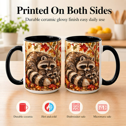 #pl[15oz|Black] Jeweled Raccoon Family Coffee Mug, Autumn Wildlife Mug, Ceramic Cup