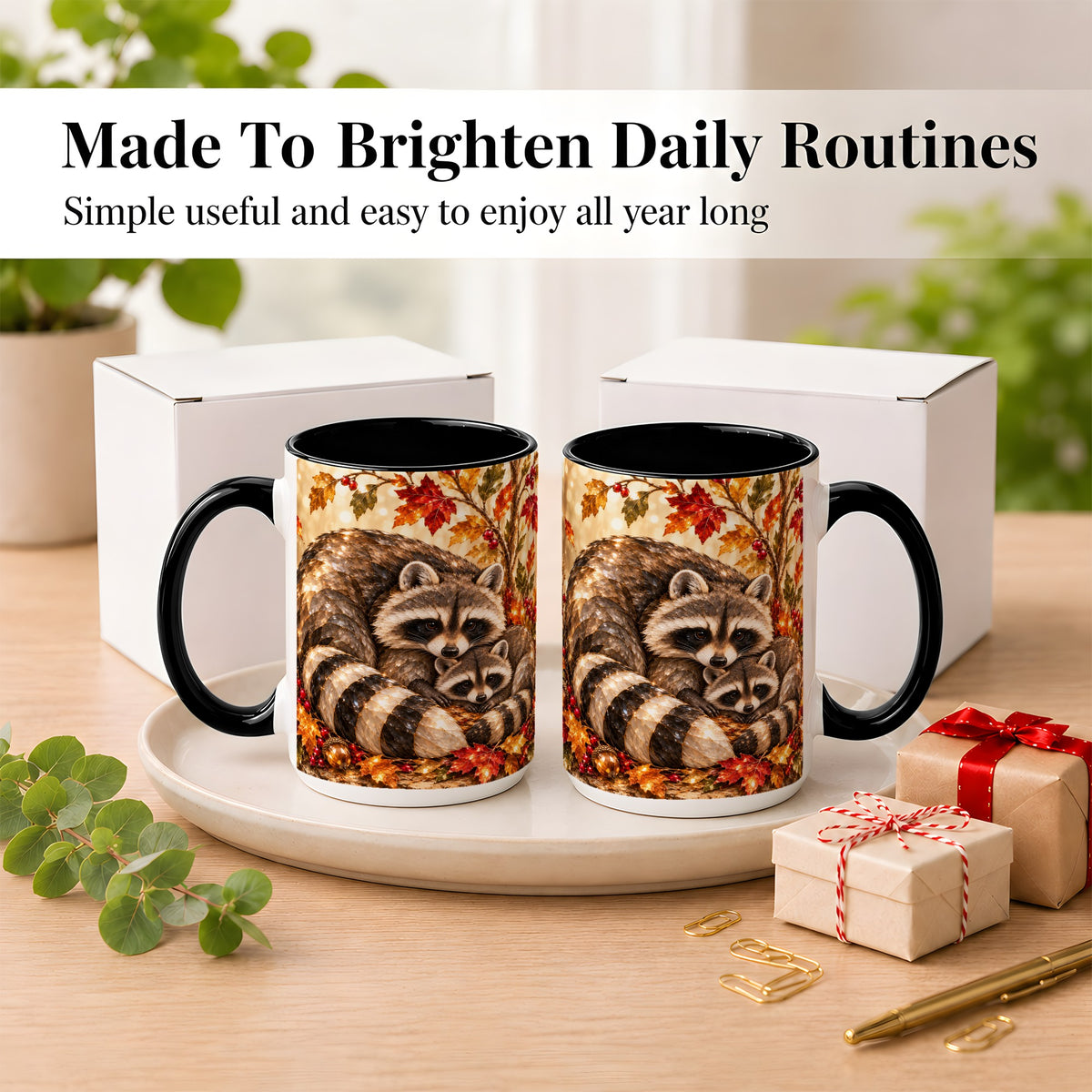 #pl[15oz|Black] Jeweled Raccoon Family Coffee Mug, Autumn Wildlife Mug, Ceramic Cup