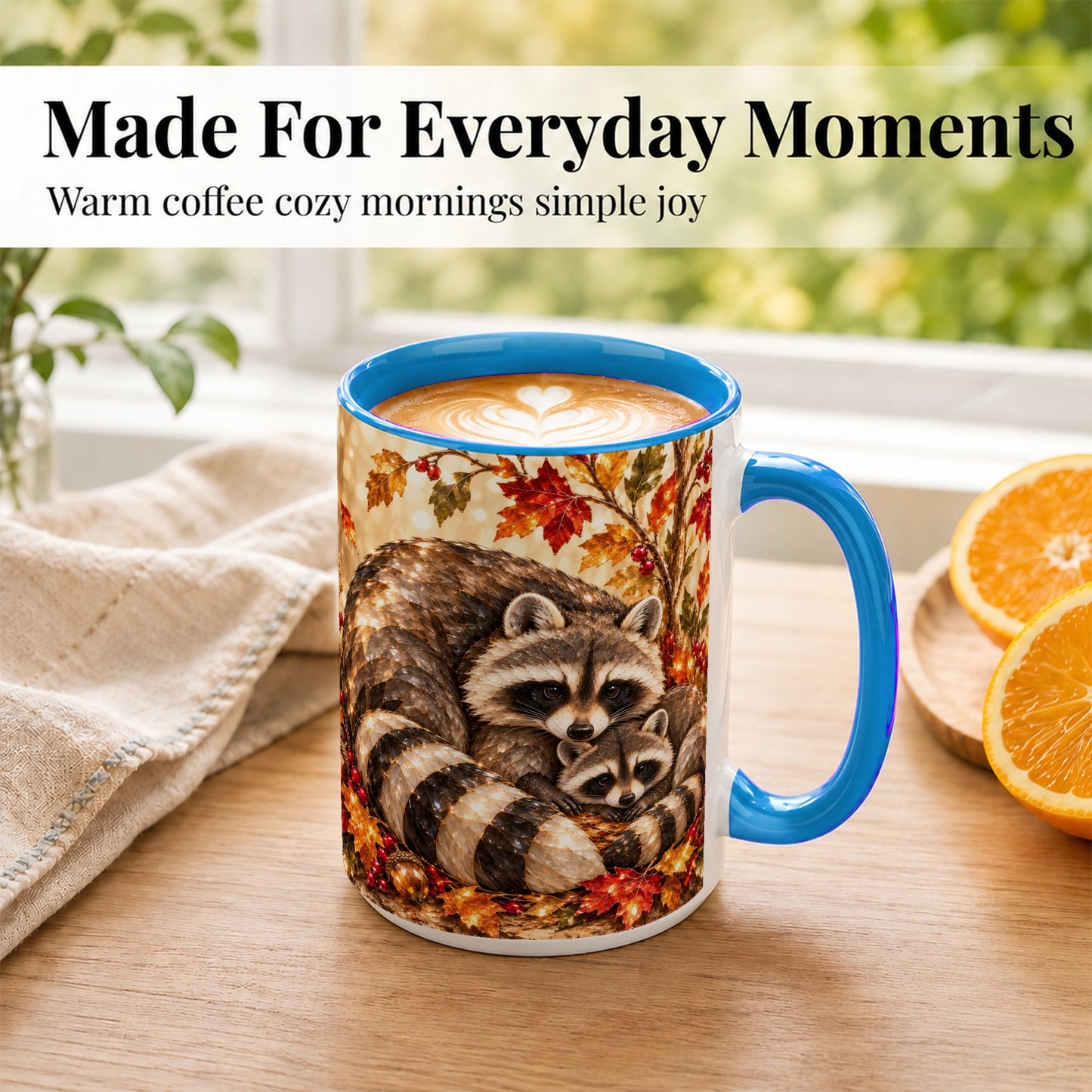 #pl[15oz|Blue] Jeweled Raccoon Family Coffee Mug, Autumn Wildlife Mug, Ceramic Cup