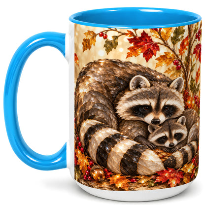 #pl[15oz|Blue] Jeweled Raccoon Family Coffee Mug, Autumn Wildlife Mug, Ceramic Cup