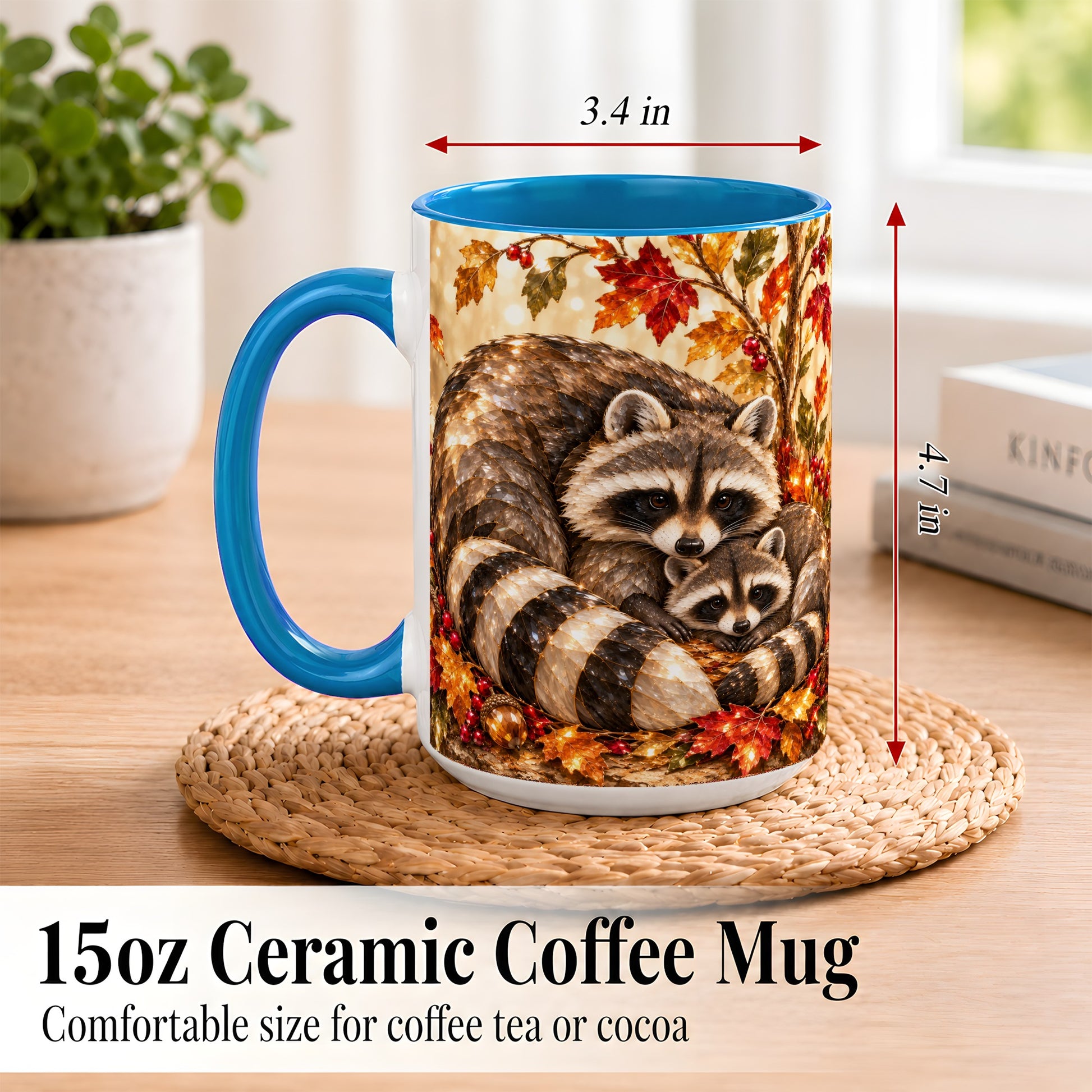 #pl[15oz|Blue] Jeweled Raccoon Family Coffee Mug, Autumn Wildlife Mug, Ceramic Cup