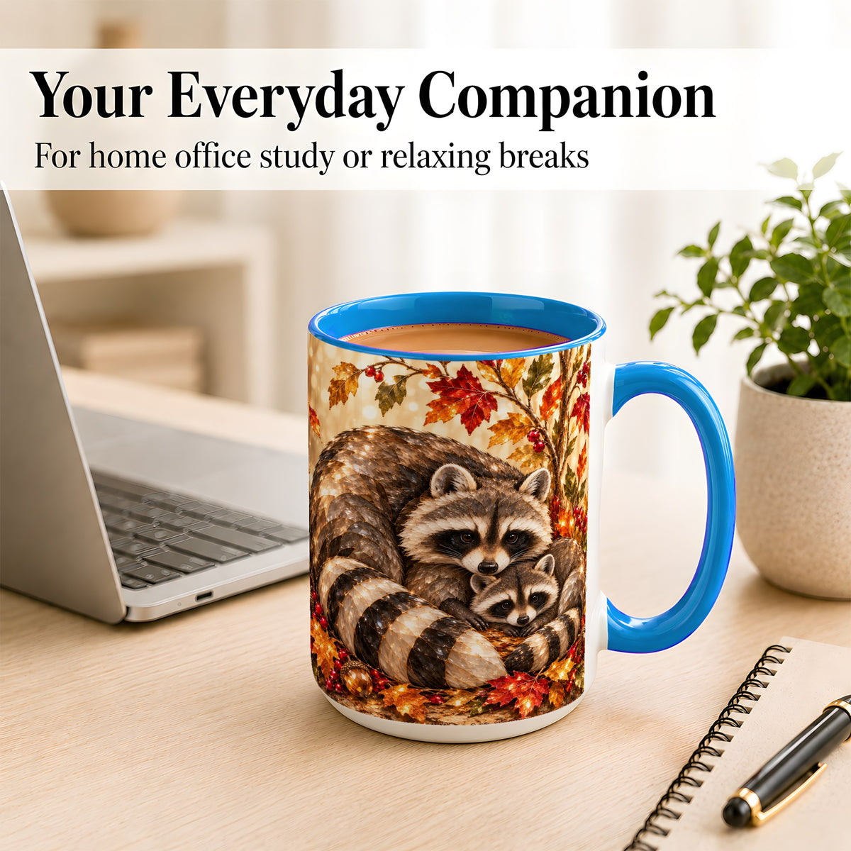 #pl[15oz|Blue] Jeweled Raccoon Family Coffee Mug, Autumn Wildlife Mug, Ceramic Cup
