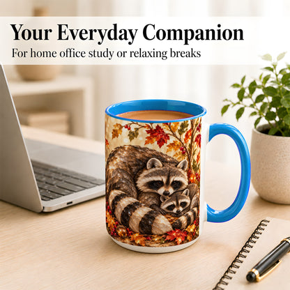 #pl[15oz|Blue] Jeweled Raccoon Family Coffee Mug, Autumn Wildlife Mug, Ceramic Cup