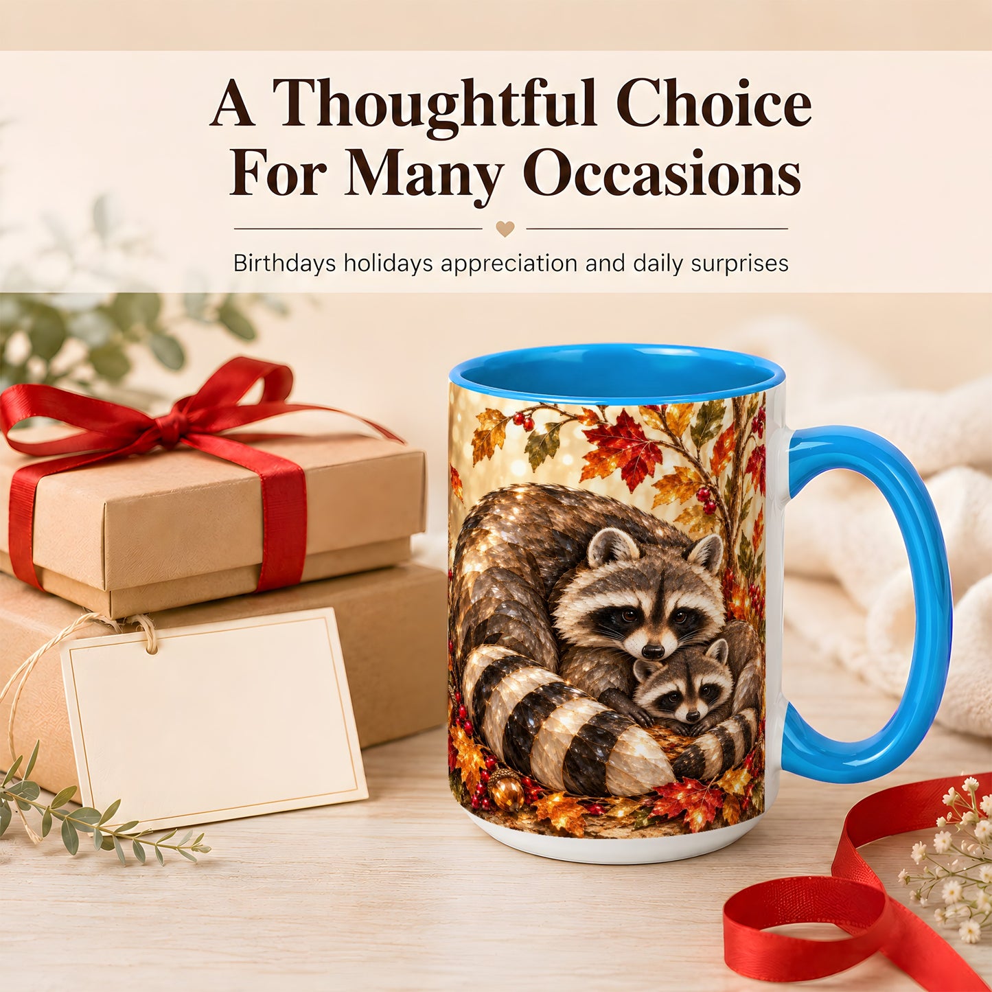 #pl[15oz|Blue] Jeweled Raccoon Family Coffee Mug, Autumn Wildlife Mug, Ceramic Cup