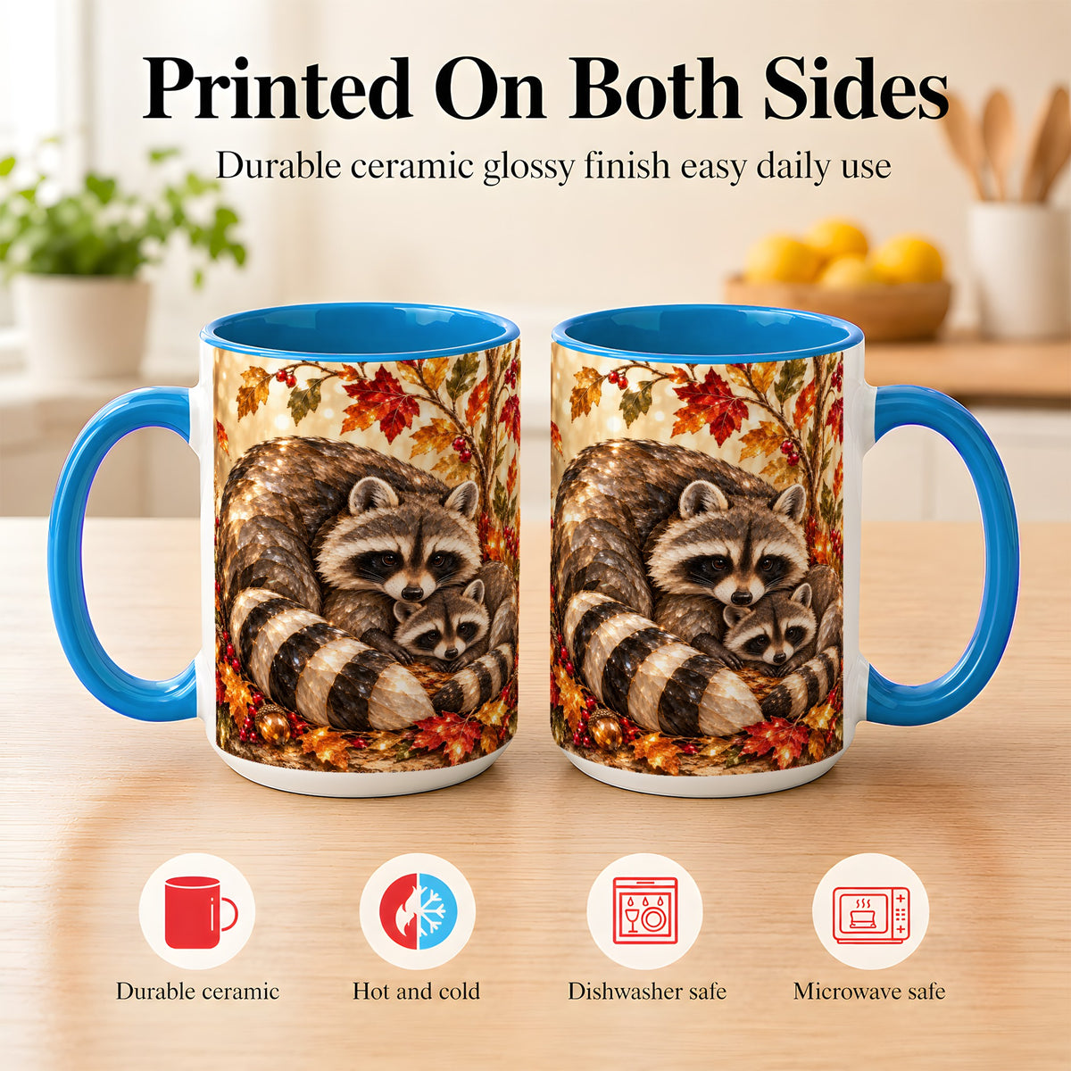 #pl[15oz|Blue] Jeweled Raccoon Family Coffee Mug, Autumn Wildlife Mug, Ceramic Cup