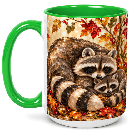 #pl[15oz|Green] Jeweled Raccoon Family Coffee Mug, Autumn Wildlife Mug, Ceramic Cup