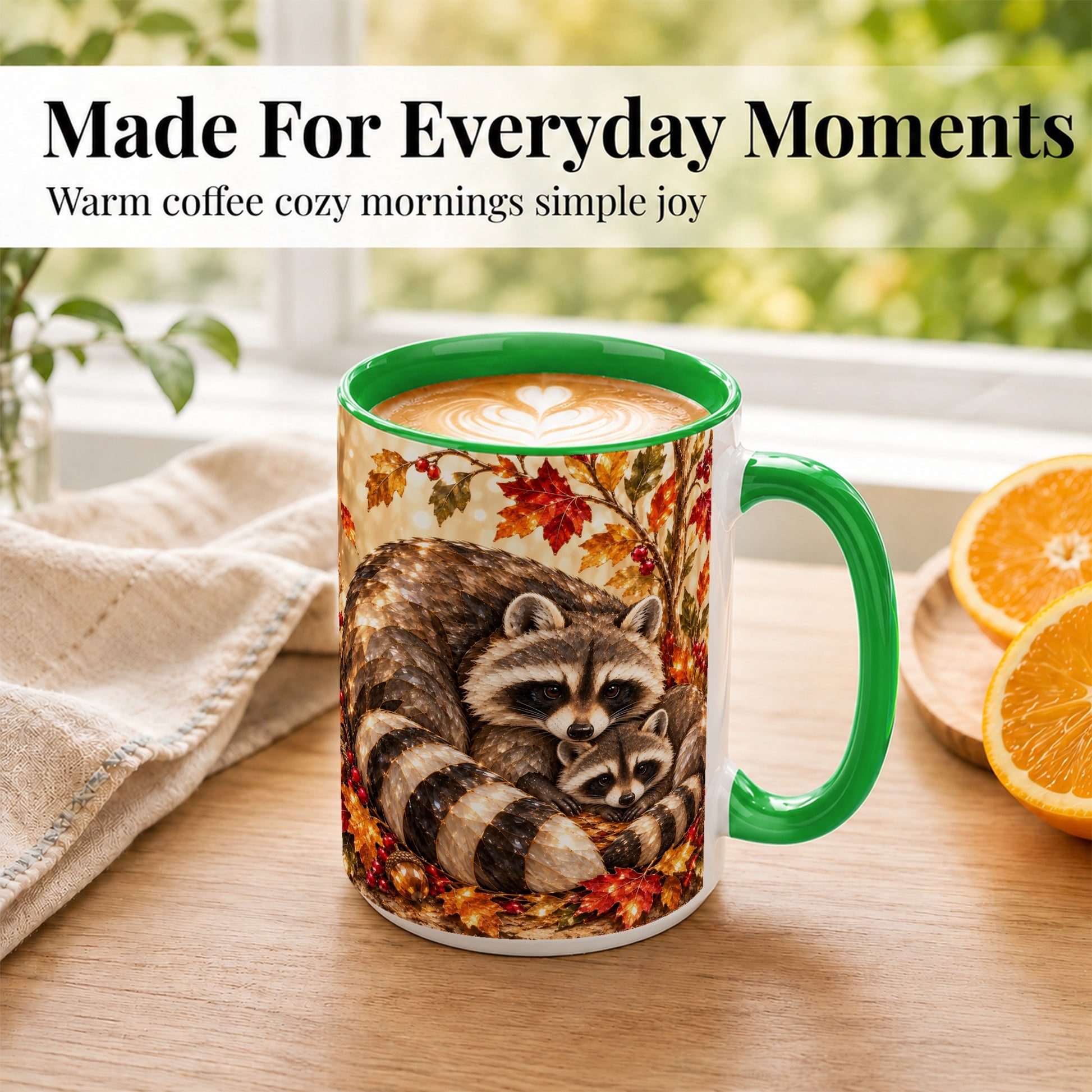 #pl[15oz|Green] Jeweled Raccoon Family Coffee Mug, Autumn Wildlife Mug, Ceramic Cup