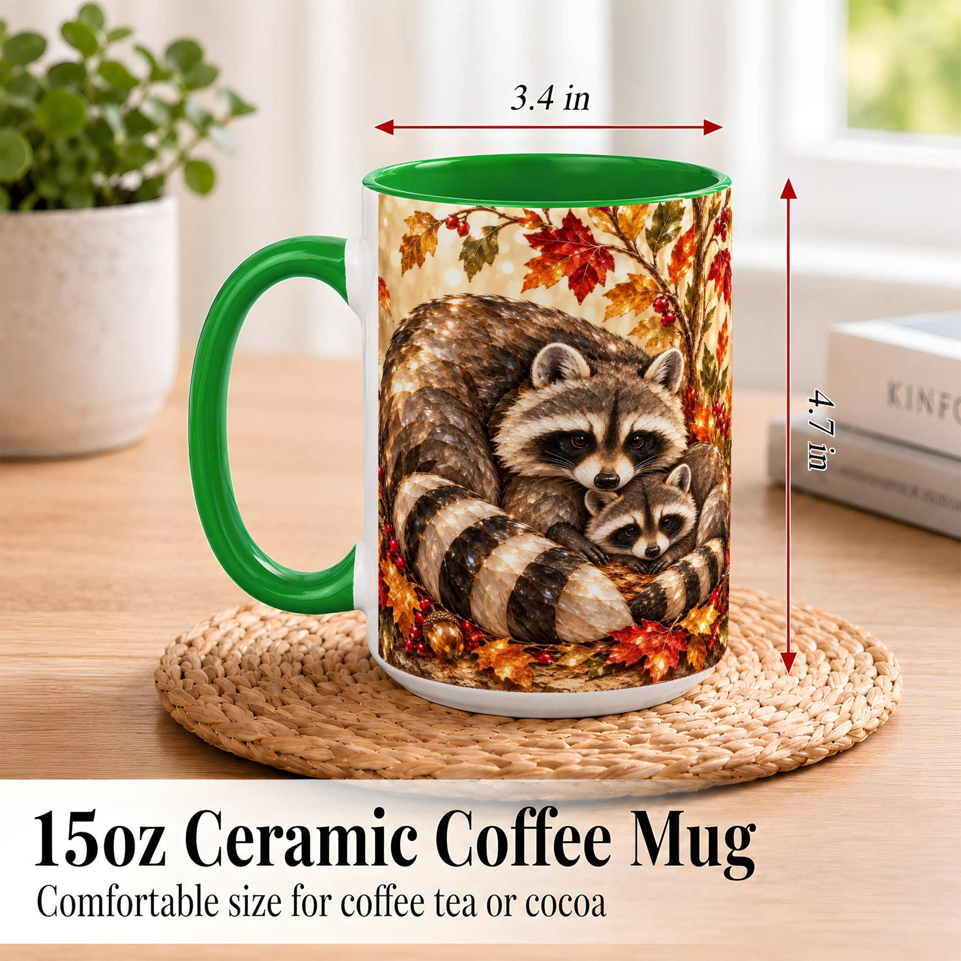 #pl[15oz|Green] Jeweled Raccoon Family Coffee Mug, Autumn Wildlife Mug, Ceramic Cup