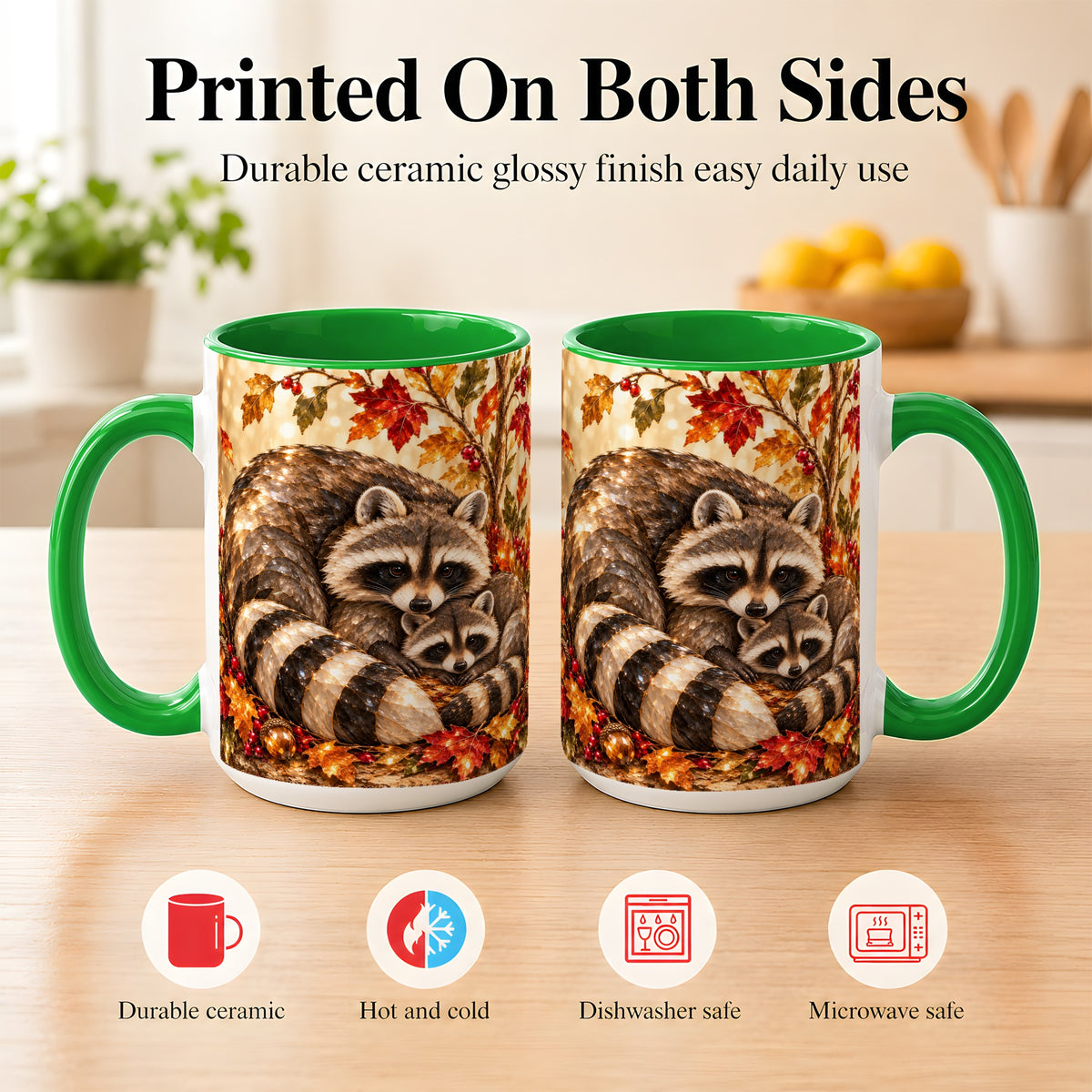 #pl[15oz|Green] Jeweled Raccoon Family Coffee Mug, Autumn Wildlife Mug, Ceramic Cup