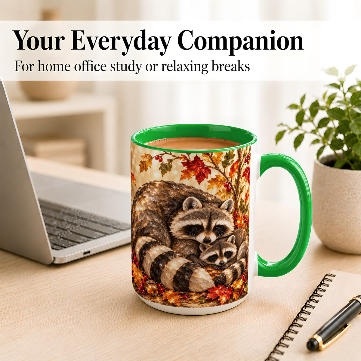 #pl[15oz|Green] Jeweled Raccoon Family Coffee Mug, Autumn Wildlife Mug, Ceramic Cup