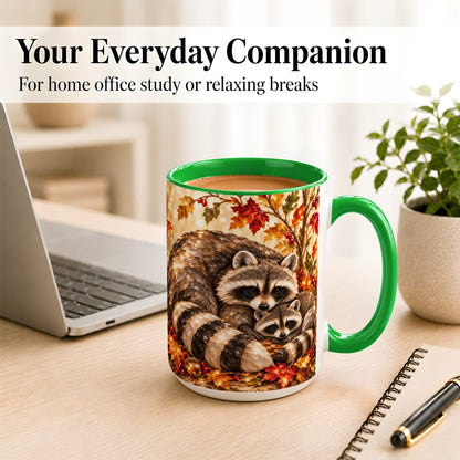 #pl[15oz|Green] Jeweled Raccoon Family Coffee Mug, Autumn Wildlife Mug, Ceramic Cup