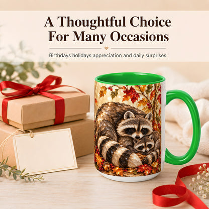 #pl[15oz|Green] Jeweled Raccoon Family Coffee Mug, Autumn Wildlife Mug, Ceramic Cup