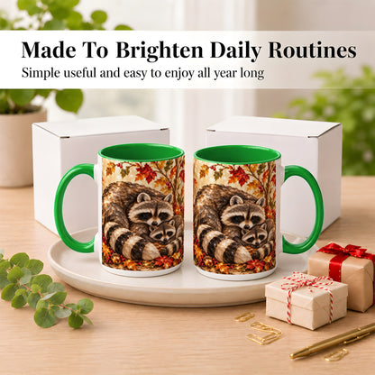 #pl[15oz|Green] Jeweled Raccoon Family Coffee Mug, Autumn Wildlife Mug, Ceramic Cup
