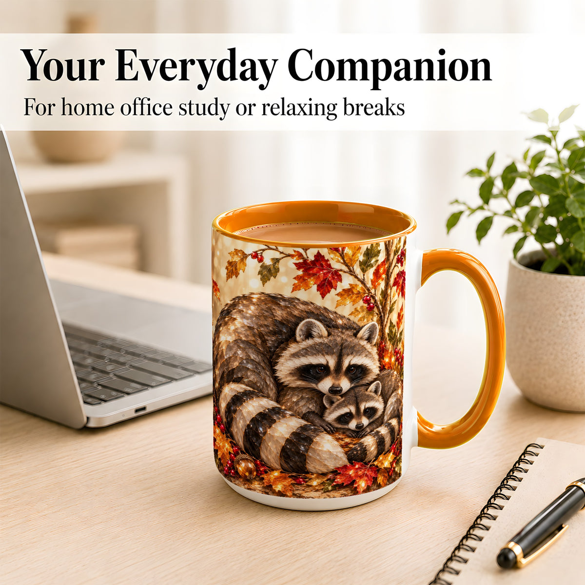 #pl[15oz|Orange] Jeweled Raccoon Family Coffee Mug, Autumn Wildlife Mug, Ceramic Cup