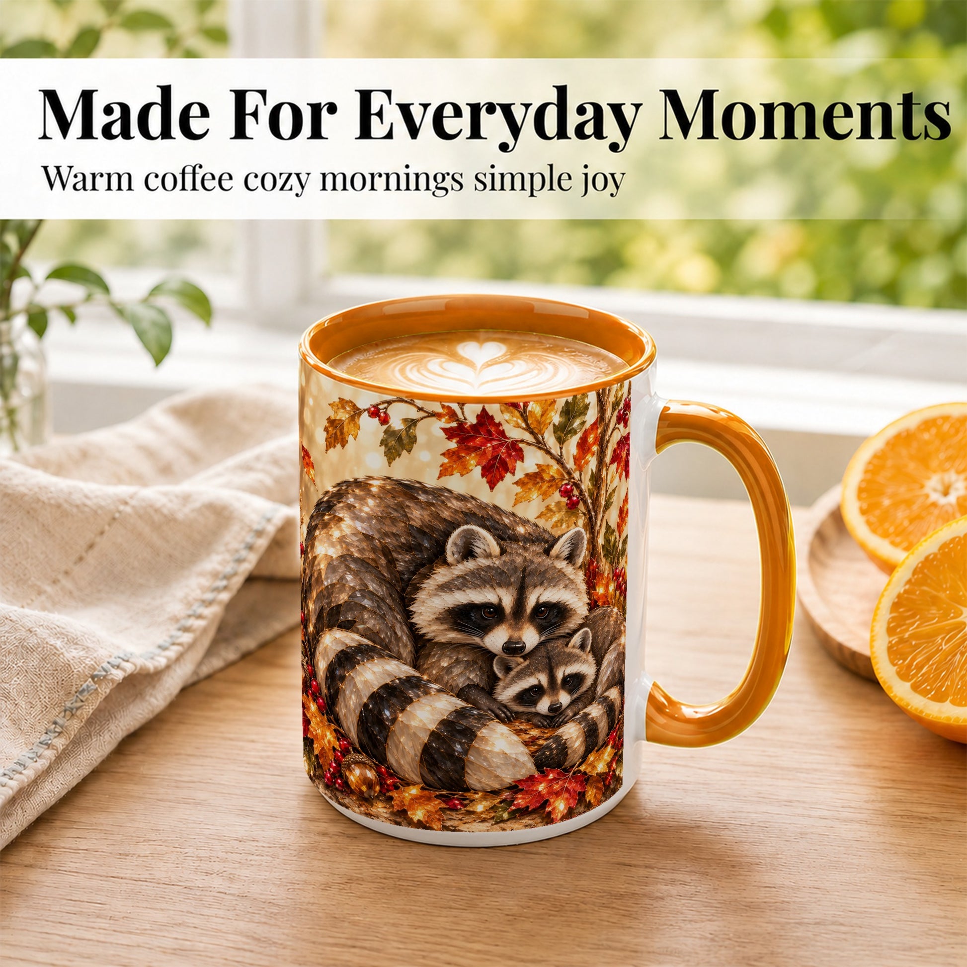 #pl[15oz|Orange] Jeweled Raccoon Family Coffee Mug, Autumn Wildlife Mug, Ceramic Cup