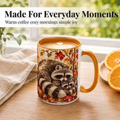 #pl[15oz|Orange] Jeweled Raccoon Family Coffee Mug, Autumn Wildlife Mug, Ceramic Cup