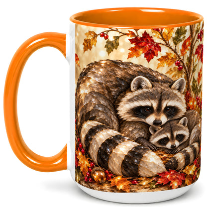 #pl[15oz|Orange] Jeweled Raccoon Family Coffee Mug, Autumn Wildlife Mug, Ceramic Cup